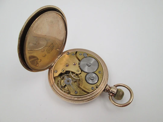Muir & Sons Glasgow open-face pocket watch. Wadsworth Rambler gold plated case. Swiss