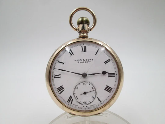 Muir & Sons Glasgow open-face pocket watch. Wadsworth Rambler gold plated case. Swiss