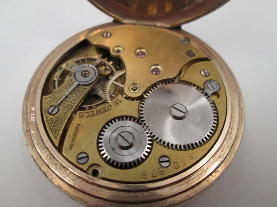 Muir & Sons Glasgow open-face pocket watch. Wadsworth Rambler gold plated case. Swiss
