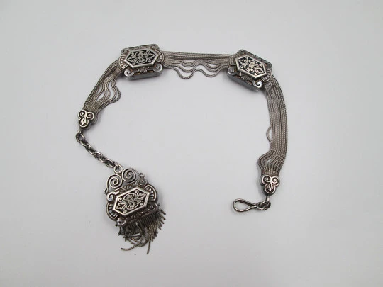 Multi-thread chatelaine for pocket watch. Silver and black enamel. Sliding pieces. 1900's