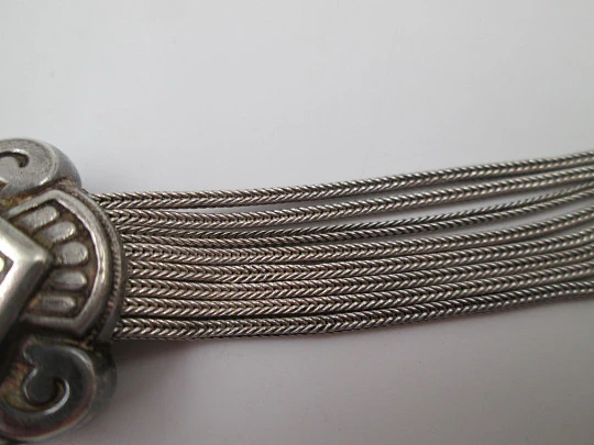 Multi-thread chatelaine for pocket watch. Silver and black enamel. Sliding pieces. 1900's