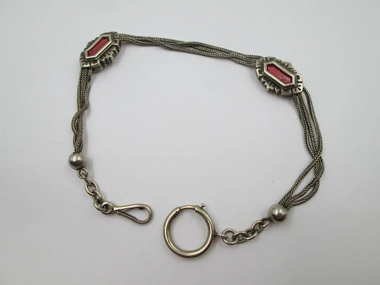 Multi-thread chatelaine. Silver plated metal and pink enamel. Sliding pieces & balls