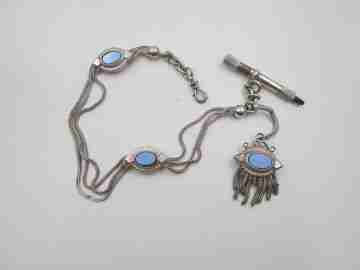 Multi-thread chatelaine. Sterling silver and blue stones. Pendant, sliding pieces & key