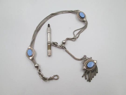 Multi-thread chatelaine. Sterling silver and blue stones. Pendant, sliding pieces & key