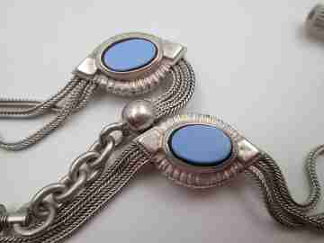 Multi-thread chatelaine. Sterling silver and blue stones. Pendant, sliding pieces & key