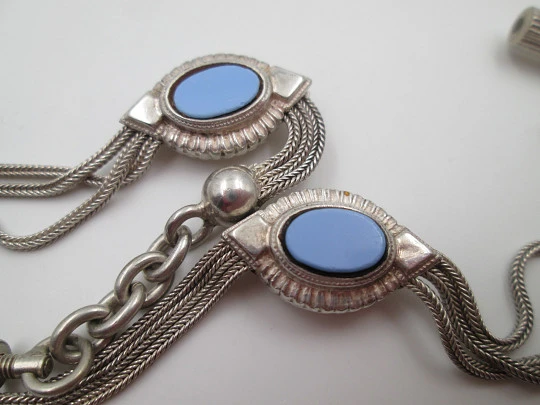 Multi-thread chatelaine. Sterling silver and blue stones. Pendant, sliding pieces & key