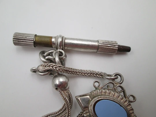 Multi-thread chatelaine. Sterling silver and blue stones. Pendant, sliding pieces & key