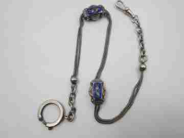 Multi-thread chatelaine. Sterling silver and enamel. Sliding pieces & carabiner clasp