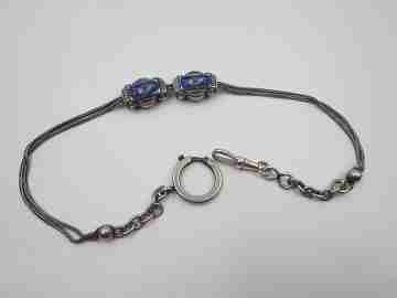 Multi-thread chatelaine. Sterling silver and enamel. Sliding pieces & carabiner clasp
