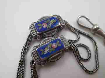 Multi-thread chatelaine. Sterling silver and enamel. Sliding pieces & carabiner clasp