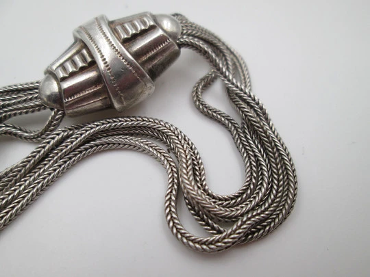 Multi-thread chatelaine. Sterling silver. Two sliding pieces & lobster clasp. 1930's