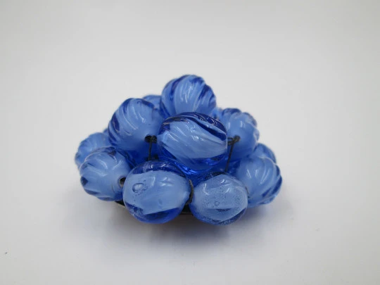 Murano glass circular button. Silver-plated metal and bitone blue beads. Europe. 1960's