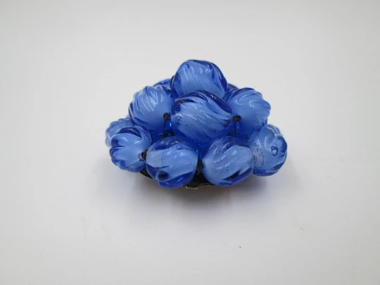 Murano glass circular button. Silver-plated metal and bitone blue beads. Europe. 1960's