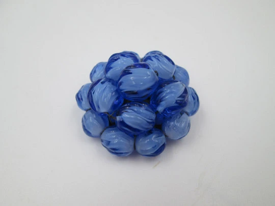 Murano glass circular button. Silver-plated metal and bitone blue beads. Europe. 1960's