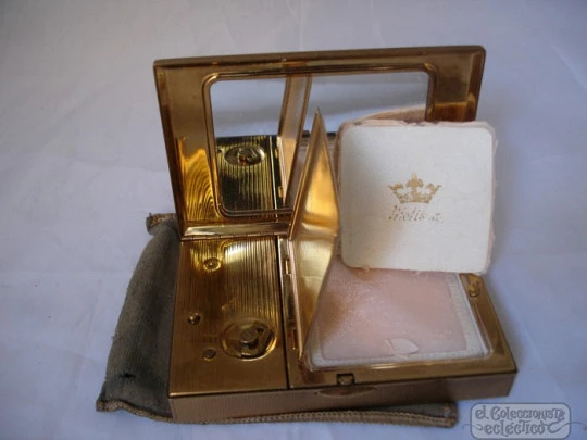 Musical powder compact. Melissa. Golden metal. Guilloche. UK