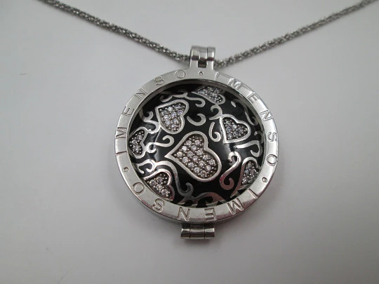 MY iMenso necklace with hearts medallion. Sterling silver, black enamel and zircons