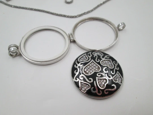 MY iMenso necklace with hearts medallion. Sterling silver, black enamel and zircons