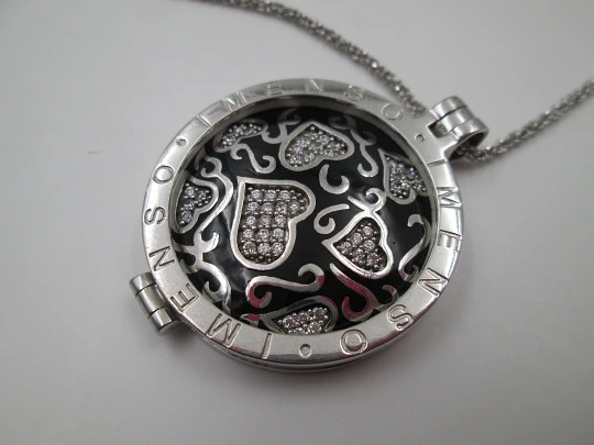 MY iMenso necklace with hearts medallion. Sterling silver, black enamel and zircons