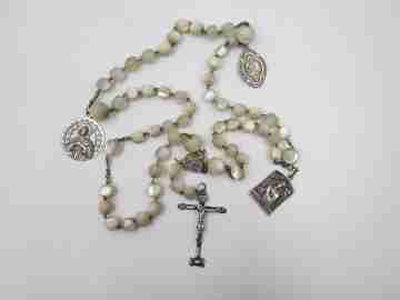 Nacre and silver rosary. Holy Christ of Burgos & Virgin Mary medals. 1910's