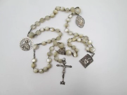 Nacre and silver rosary. Holy Christ of Burgos & Virgin Mary medals. 1910's