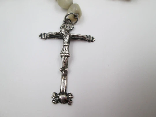 Nacre and silver rosary. Holy Christ of Burgos & Virgin Mary medals. 1910's