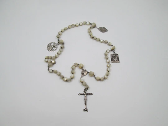 Nacre and silver rosary. Holy Christ of Burgos & Virgin Mary medals. 1910's