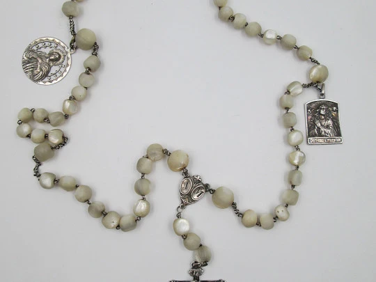 Nacre and silver rosary. Holy Christ of Burgos & Virgin Mary medals. 1910's