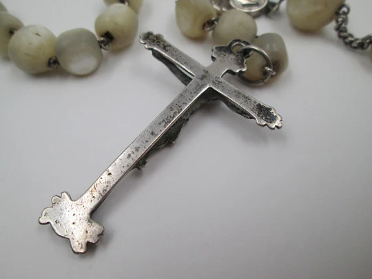 Nacre and silver rosary. Holy Christ of Burgos & Virgin Mary medals. 1910's