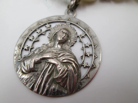 Nacre and silver rosary. Holy Christ of Burgos & Virgin Mary medals. 1910's