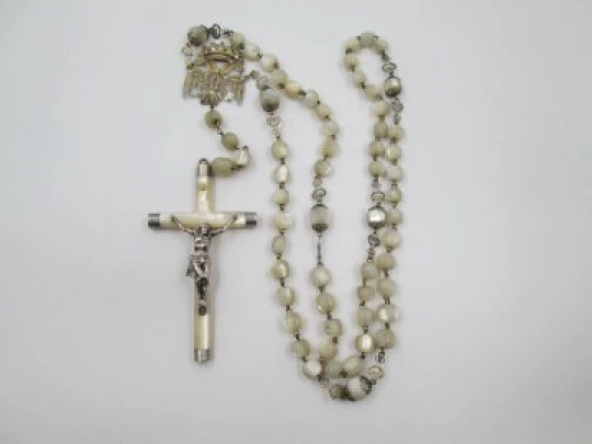 Nacre and silver vermeil rosary. Mary filigree crown and large crucifix. 1910's