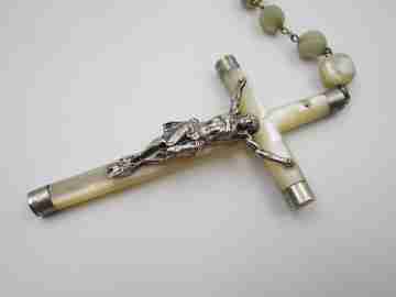 Nacre and silver vermeil rosary. Mary filigree crown and large crucifix. 1910's