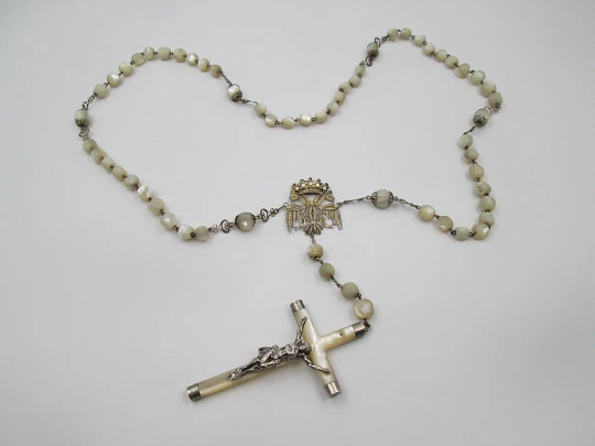 Nacre and silver vermeil rosary. Mary filigree crown and large crucifix. 1910's