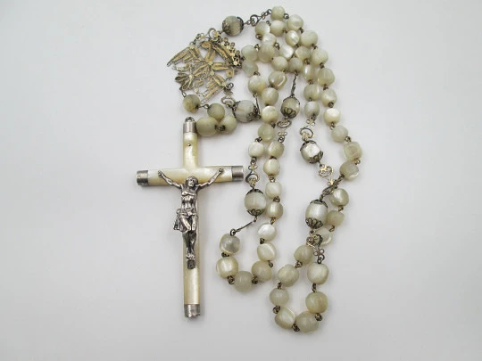 Nacre and silver vermeil rosary. Mary filigree crown and large crucifix. 1910's