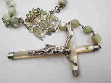Nacre and silver vermeil rosary. Mary filigree crown and large crucifix. 1910's