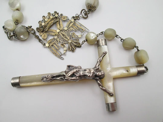 Nacre and silver vermeil rosary. Mary filigree crown and large crucifix. 1910's