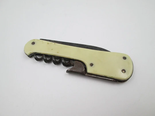 Navaja de bolsillo Hermanos Paya. Acero y celuloide crema. Abrebotellas y sacacorchos