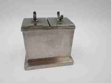 Office desk table calendar. Silver plated metal. 1940's. Pen holder and inkwells