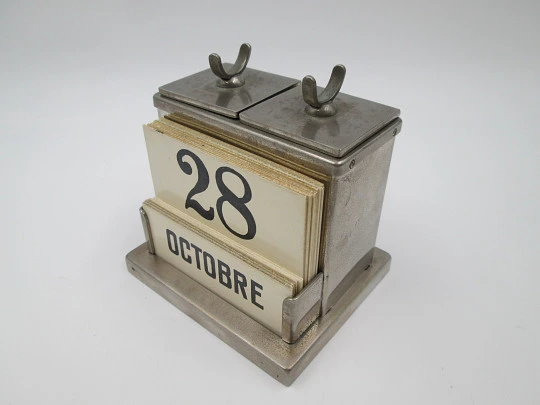 Office desk table calendar. Silver plated metal. 1940's. Pen holder and inkwells