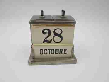 Office desk table calendar. Silver plated metal. 1940's. Pen holder and inkwells