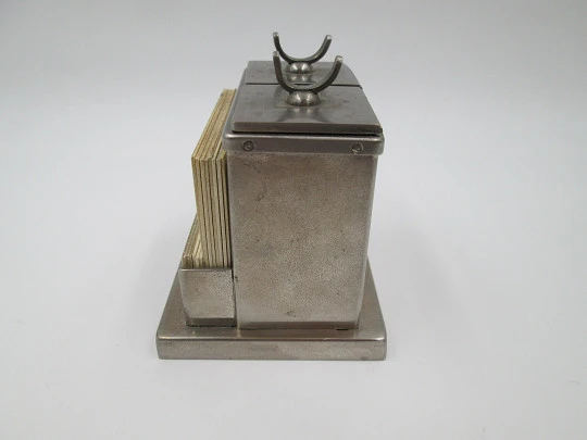 Office desk table calendar. Silver plated metal. 1940's. Pen holder and inkwells