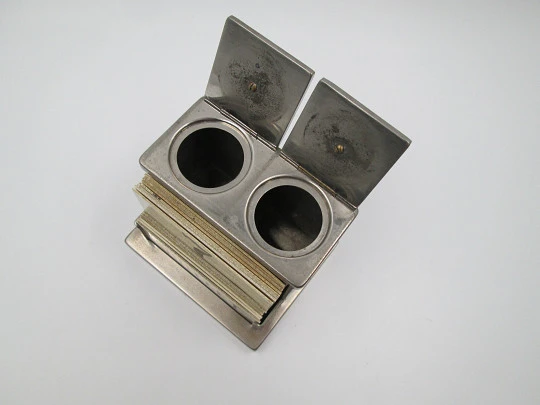 Office desk table calendar. Silver plated metal. 1940's. Pen holder and inkwells