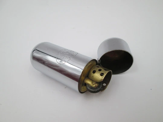Oil Bar cylindrical petrol cigarette lighter. Silver plated & golden metal. Japan. 1980's