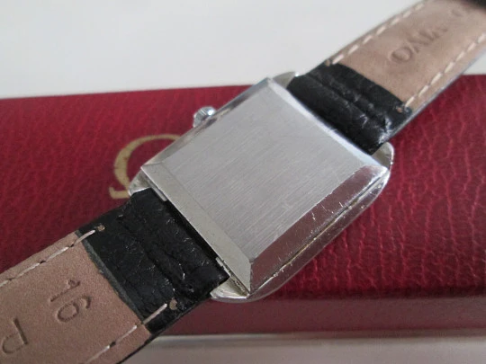 Omega De Ville ladie's watch. Stainless steel. Rectangular case. Manual wind. Strap. Box