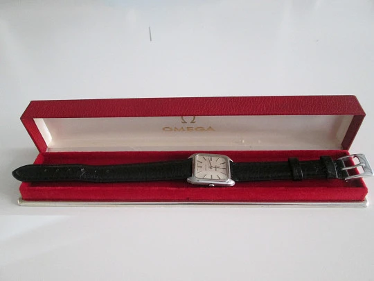 Omega De Ville ladie's watch. Stainless steel. Rectangular case. Manual wind. Strap. Box