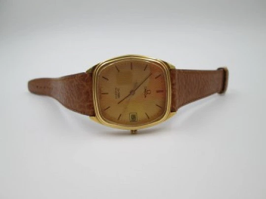 Omega De Ville. Steel & 20 microns gold plated. Quartz. Date. Strap. 1970's