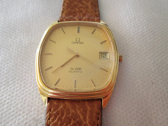 Omega De Ville. Steel & 20 microns gold plated. Quartz. Date. Strap. 1970's