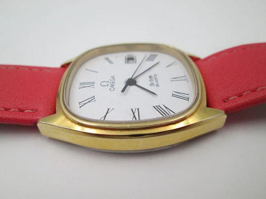 Omega De Ville. Steel and gold plated. Calendar. Quartz. Leather strap. 1980's