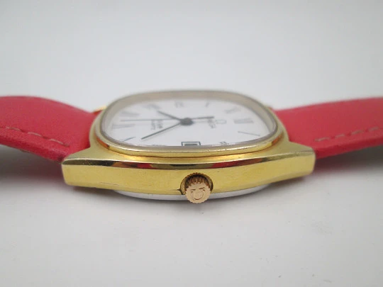 Omega De Ville. Steel and gold plated. Calendar. Quartz. Leather strap. 1980's