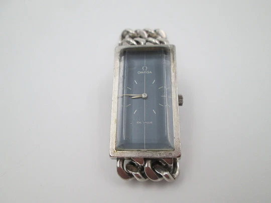 Omega De Ville. Sterling silver. Blue dial. Manual wind. Box. Bracelet. 1960's