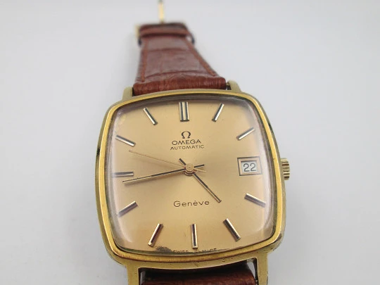 Omega Genève. 20 micron gold plated and steel. Automatic. Calendar. Strap. 1970's Omega Genève. 20 micron gold plated and steel. Automatic. Calendar. Strap. 1970's